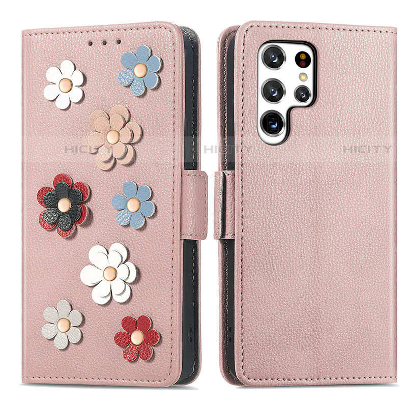 Coque Portefeuille Fleurs Livre Cuir Etui Clapet S04D pour Samsung Galaxy S22 Ultra 5G Or Rose Plus