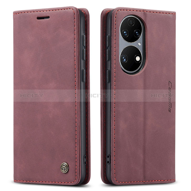 Coque Portefeuille Livre Cuir Etui Clapet C01S pour Huawei P50 Pro Vin Rouge Plus