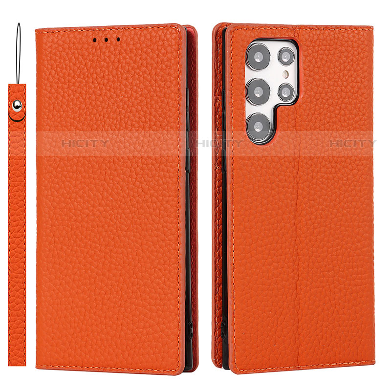 Coque Portefeuille Livre Cuir Etui Clapet D01T pour Samsung Galaxy S23 Ultra 5G Orange Plus
