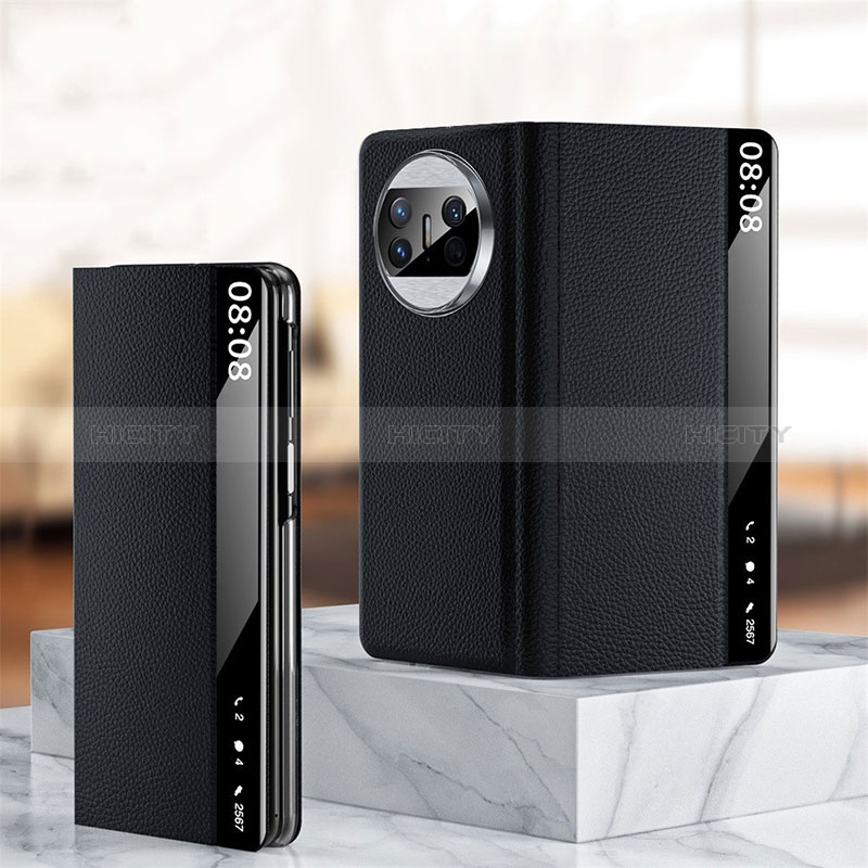 Coque Portefeuille Livre Cuir Etui Clapet QK2 pour Huawei Mate X3 Noir Plus