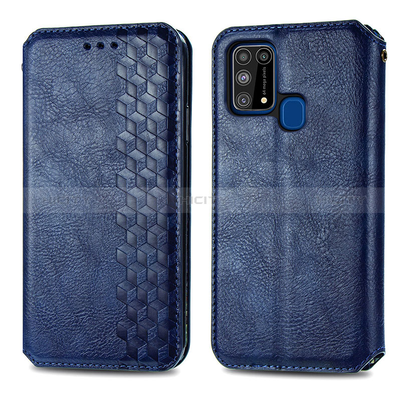 Coque Portefeuille Livre Cuir Etui Clapet S01D pour Samsung Galaxy M21s Bleu Plus