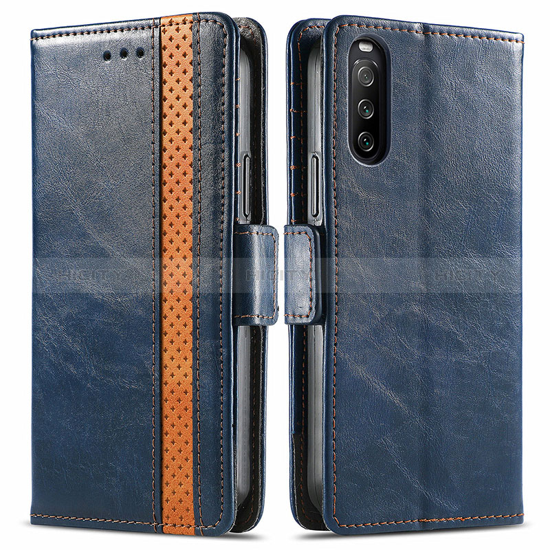 Coque Portefeuille Livre Cuir Etui Clapet S02D pour Sony Xperia 10 III Bleu Plus
