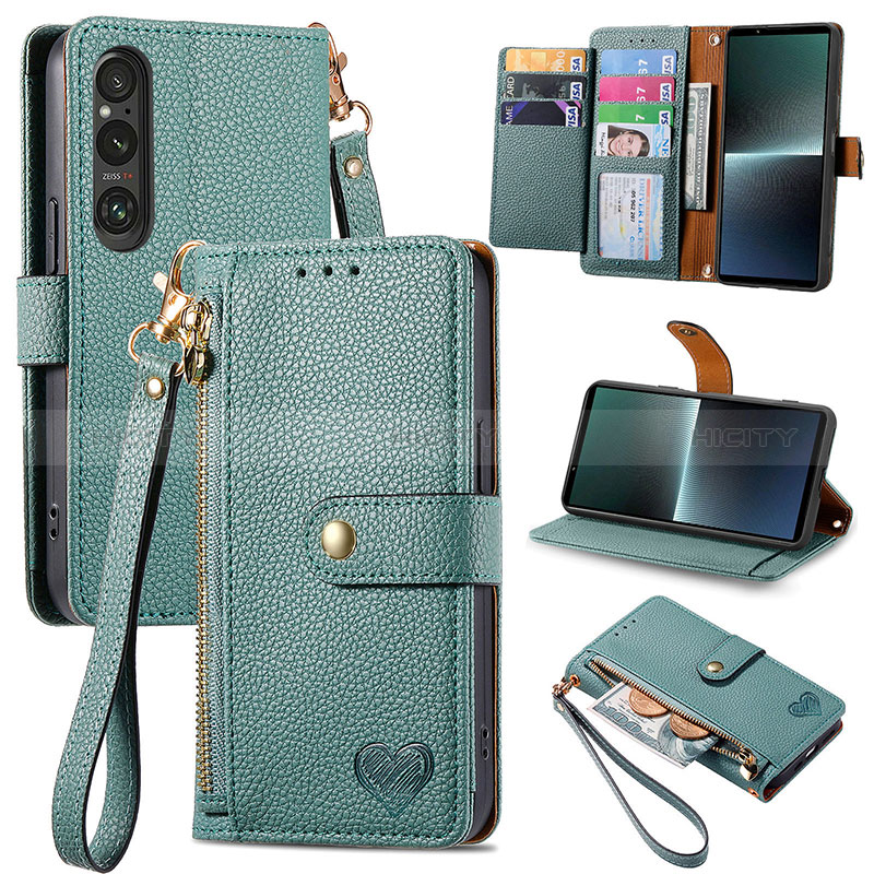 Coque Portefeuille Livre Cuir Etui Clapet S15D pour Sony Xperia 1 V Vert Plus