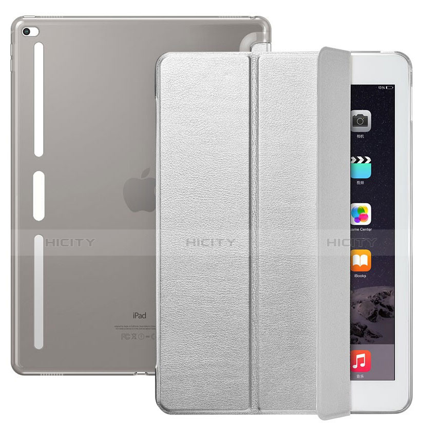 Coque Portefeuille Livre Cuir L02 pour Apple iPad Pro 12.9 Argent Plus