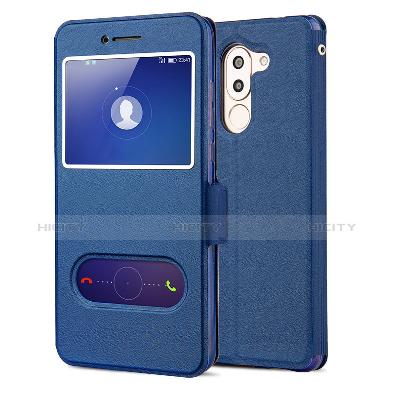 Coque Portefeuille Livre Cuir L02 pour Huawei Honor 6X Bleu Plus