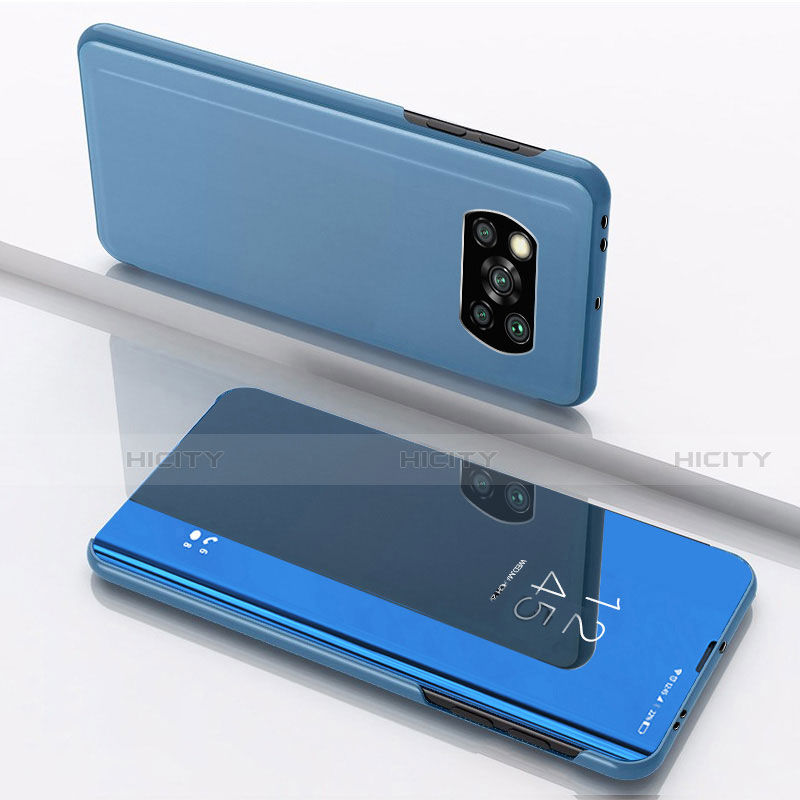 Coque Portefeuille Livre Cuir Miroir Housse Etui Clapet L03 pour Xiaomi Poco X3 NFC Bleu Plus