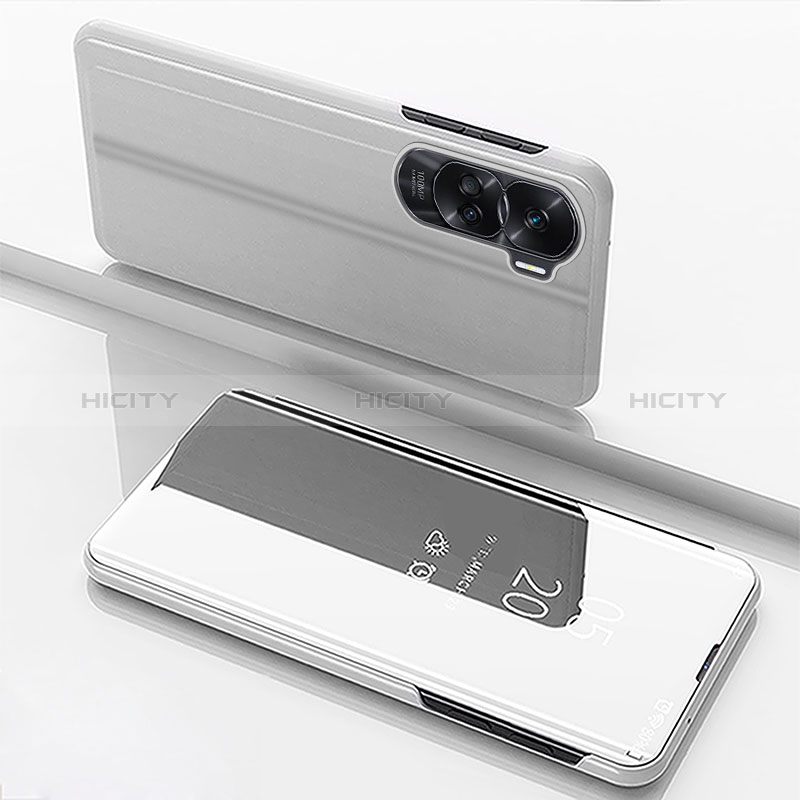 Coque Portefeuille Livre Cuir Miroir Housse Etui Clapet pour Huawei Honor 90 Lite 5G Argent Plus