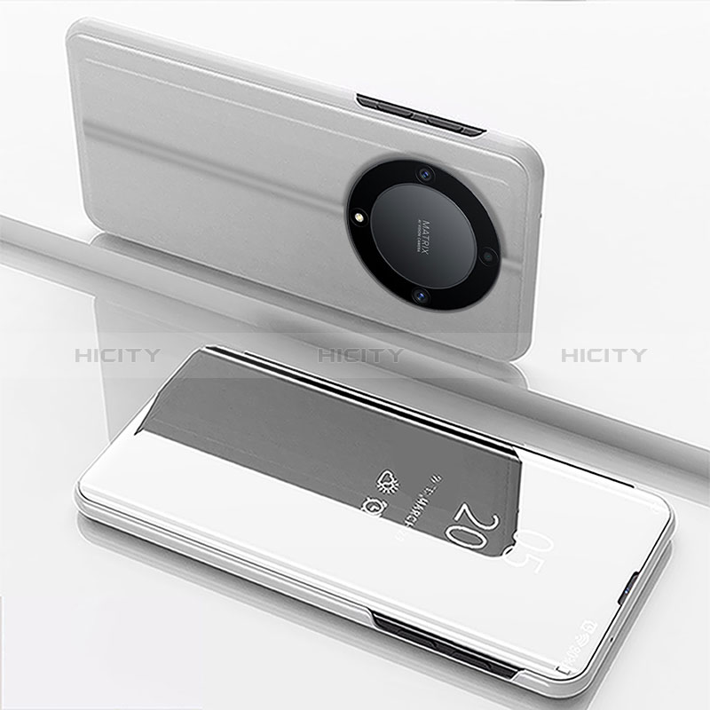 Coque Portefeuille Livre Cuir Miroir Housse Etui Clapet pour Huawei Honor X9b 5G Argent Plus
