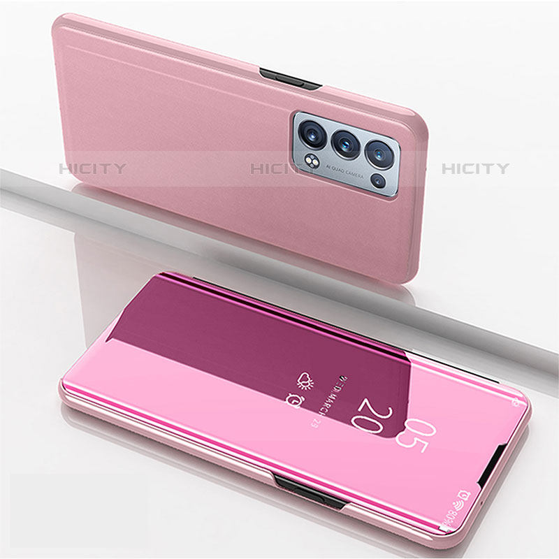 Coque Portefeuille Livre Cuir Miroir Housse Etui Clapet pour Oppo Reno6 Pro 5G Or Rose Plus