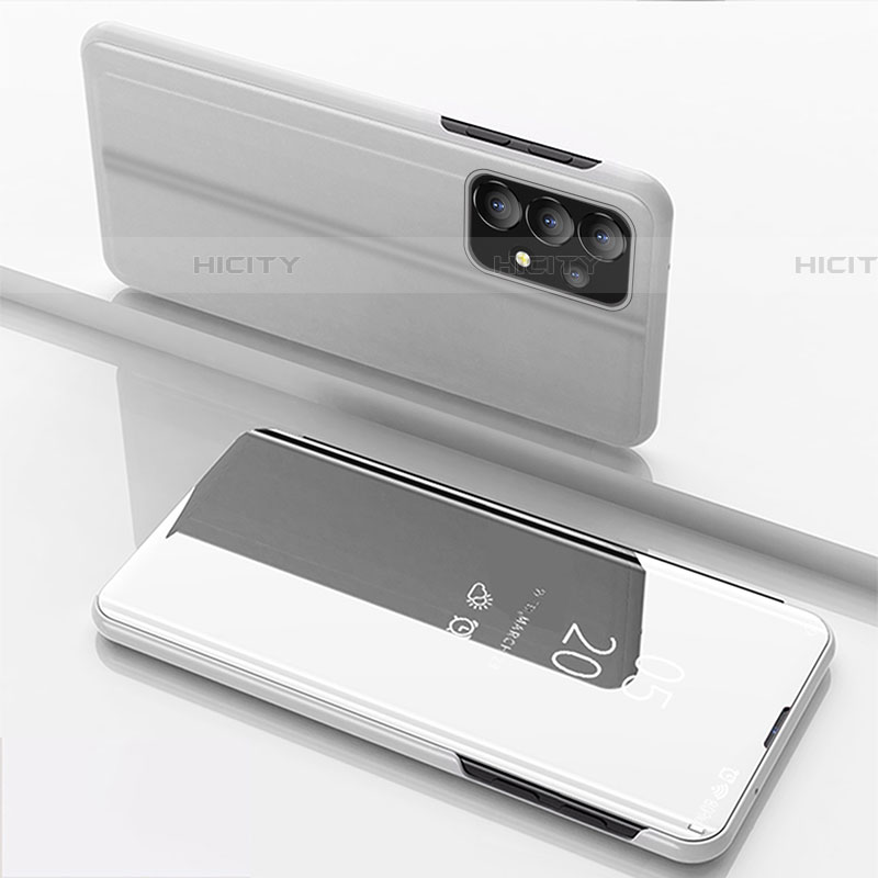 Coque Portefeuille Livre Cuir Miroir Housse Etui Clapet pour Samsung Galaxy A73 5G Argent Plus