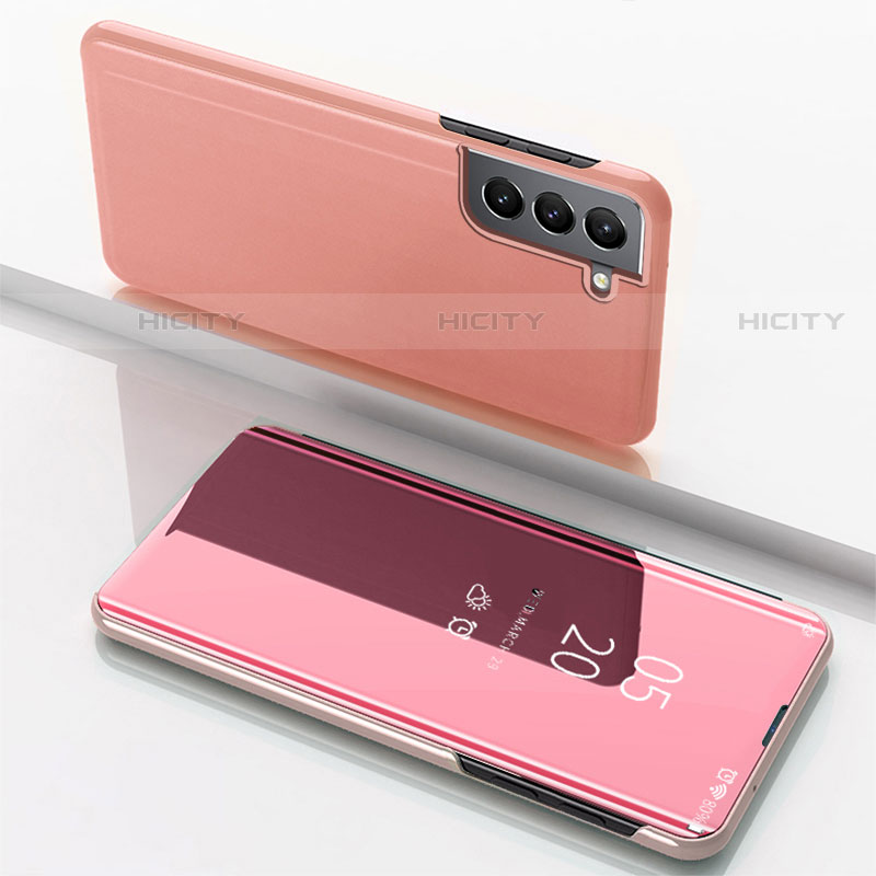 Coque Portefeuille Livre Cuir Miroir Housse Etui Clapet pour Samsung Galaxy S22 5G Or Rose Plus