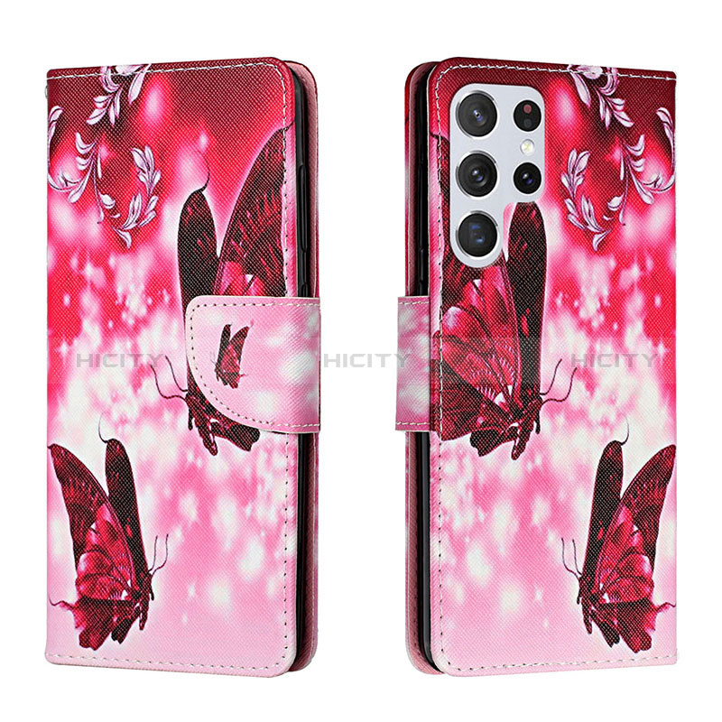 Coque Portefeuille Motif Fantaisie Livre Cuir Etui Clapet H02X pour Samsung Galaxy S23 Ultra 5G Rose Rouge Plus