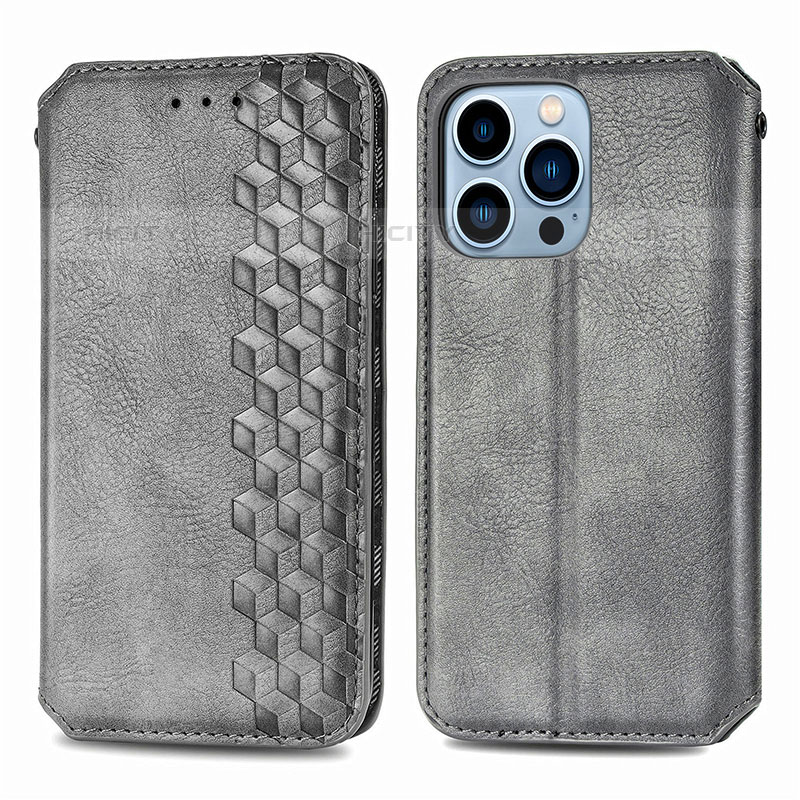 Coque Portefeuille Motif Fantaisie Livre Cuir Etui Clapet H15 pour Apple iPhone 15 Pro Gris Plus