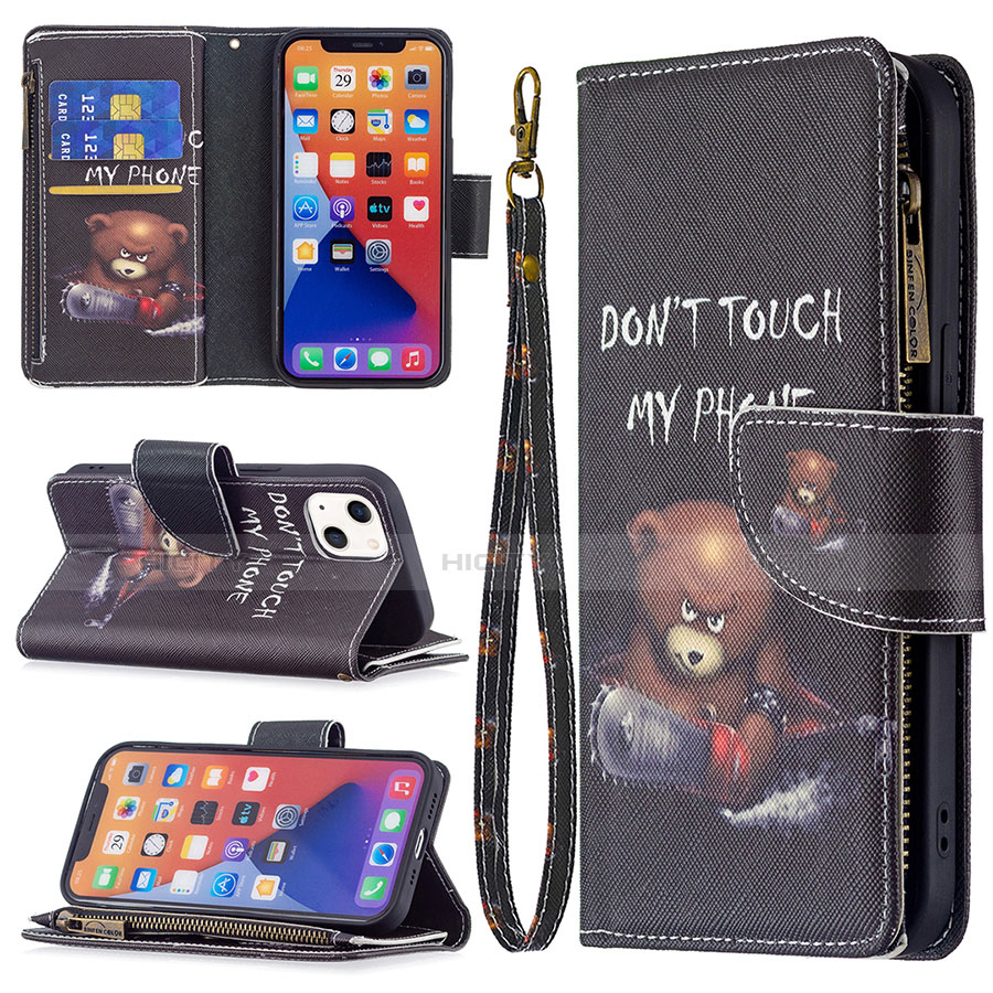 Coque Portefeuille Motif Fantaisie Livre Cuir Etui Clapet L03 pour Apple iPhone 14 Noir Plus