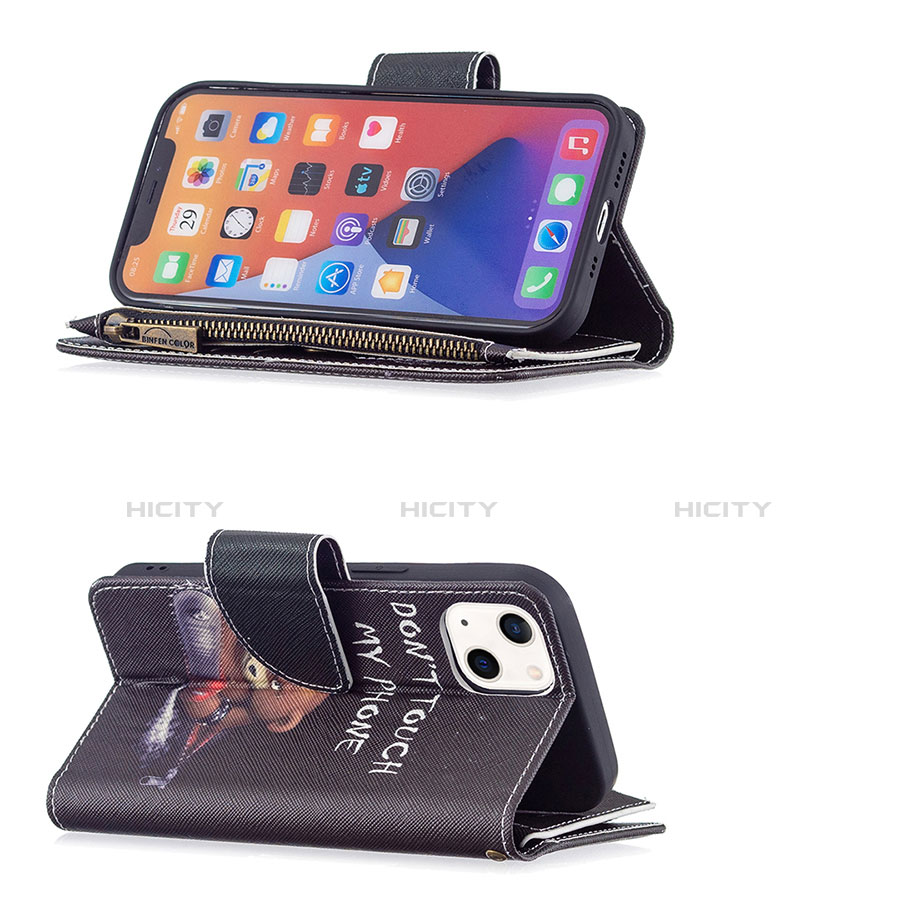 Coque Portefeuille Motif Fantaisie Livre Cuir Etui Clapet L03 pour Apple iPhone 14 Noir Plus