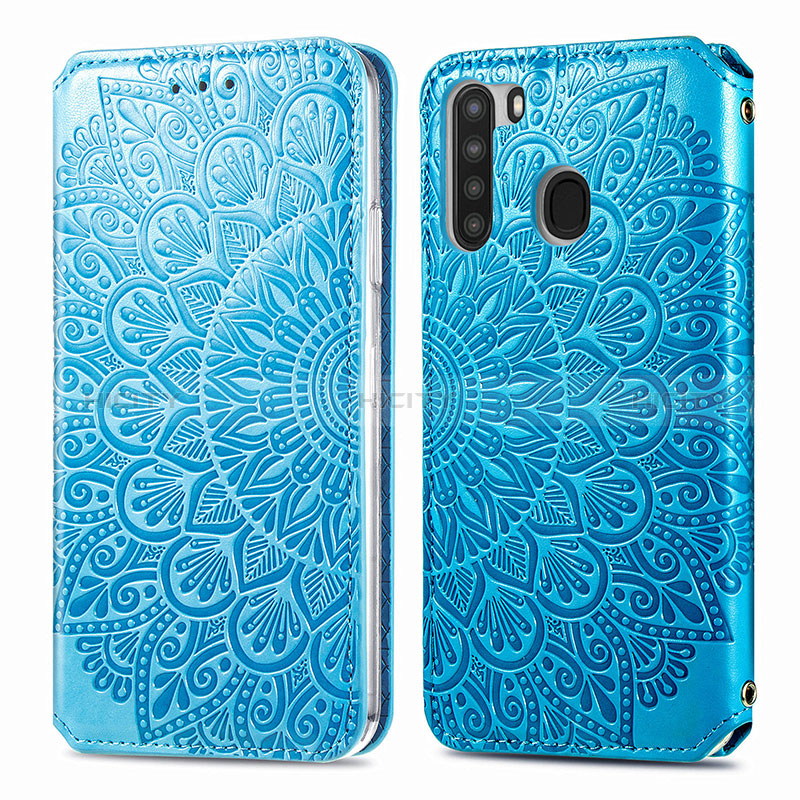 Coque Portefeuille Motif Fantaisie Livre Cuir Etui Clapet S01D pour Samsung Galaxy A21 Bleu Plus