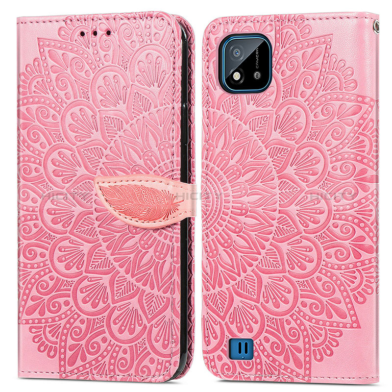 Coque Portefeuille Motif Fantaisie Livre Cuir Etui Clapet S04D pour Realme C20A Or Rose Plus