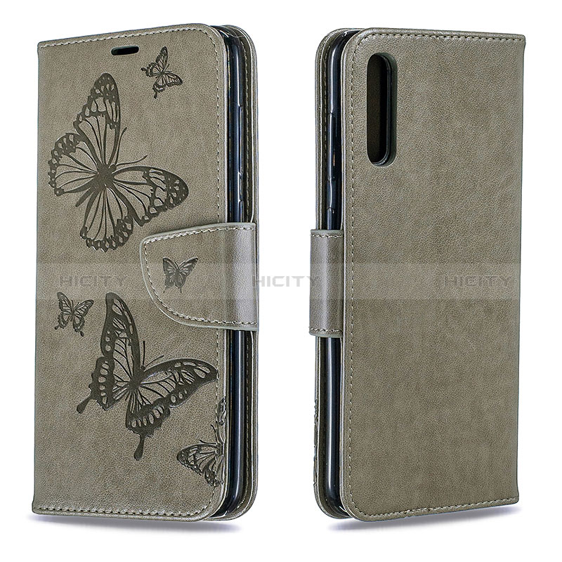 Coque Portefeuille Papillon Livre Cuir Etui Clapet B01F pour Samsung Galaxy A70 Gris Plus