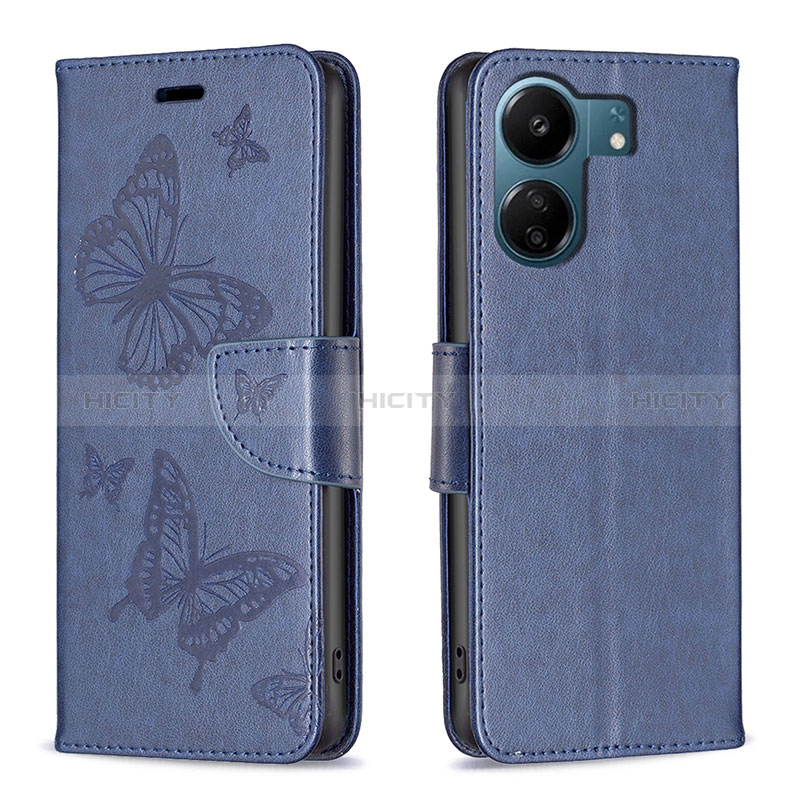 Coque Portefeuille Papillon Livre Cuir Etui Clapet B01F pour Xiaomi Redmi 13C Bleu Plus