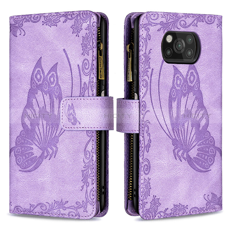 Coque Portefeuille Papillon Livre Cuir Etui Clapet B03F pour Xiaomi Poco X3 NFC Violet Clair Plus