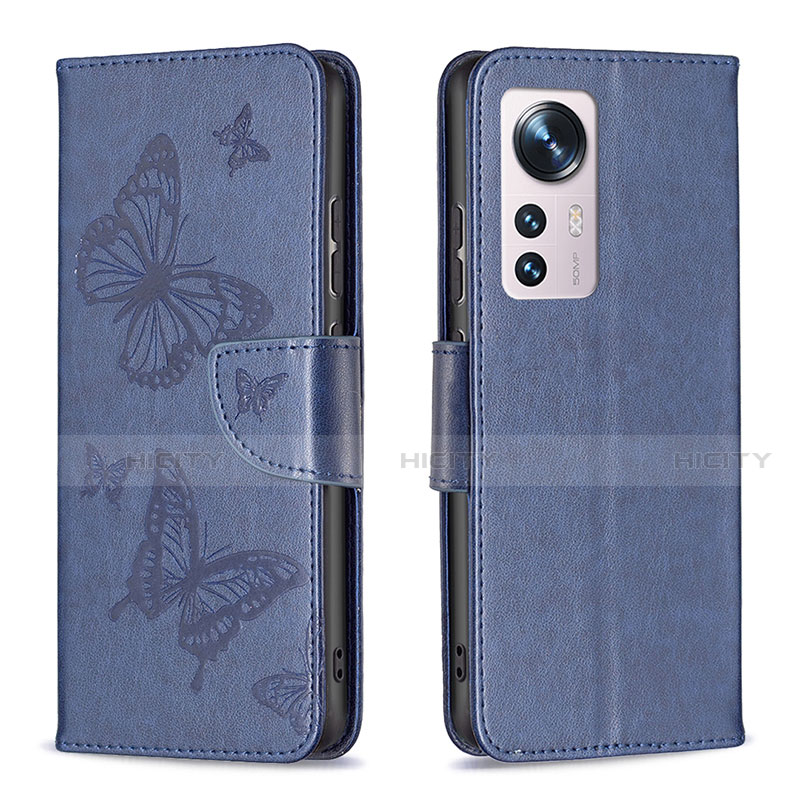 Coque Portefeuille Papillon Livre Cuir Etui Clapet B13F pour Xiaomi Mi 12 5G Bleu Plus