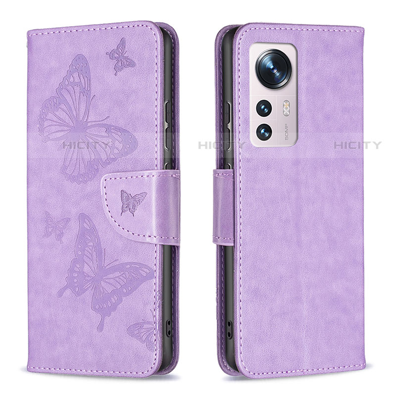 Coque Portefeuille Papillon Livre Cuir Etui Clapet B13F pour Xiaomi Mi 12 Pro 5G Violet Clair Plus