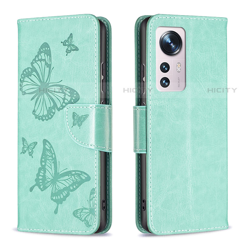 Coque Portefeuille Papillon Livre Cuir Etui Clapet B13F pour Xiaomi Mi 12S Pro 5G Vert Plus
