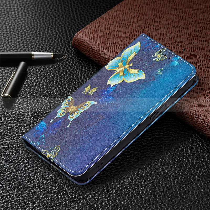 Coque Portefeuille Papillon Livre Cuir Etui Clapet L01 pour Apple iPhone 14 Pro Max Bleu Plus