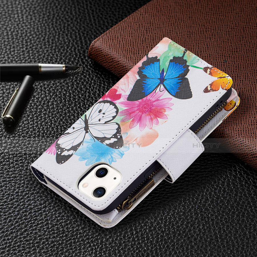 Coque Portefeuille Papillon Livre Cuir Etui Clapet L03 pour Apple iPhone 13 Rose Plus