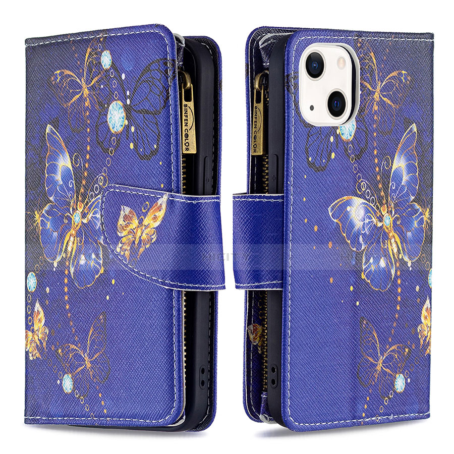 Coque Portefeuille Papillon Livre Cuir Etui Clapet L03 pour Apple iPhone 14 Bleu Plus