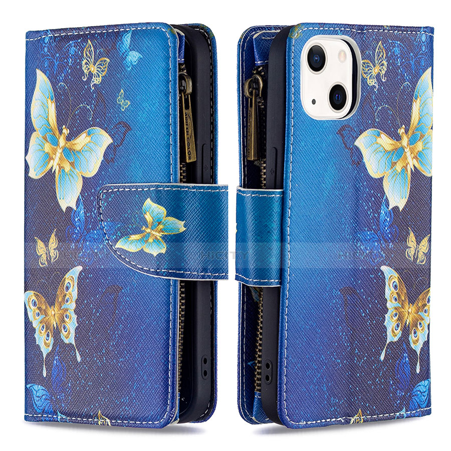 Coque Portefeuille Papillon Livre Cuir Etui Clapet L04 pour Apple iPhone 13 Mini Bleu Plus