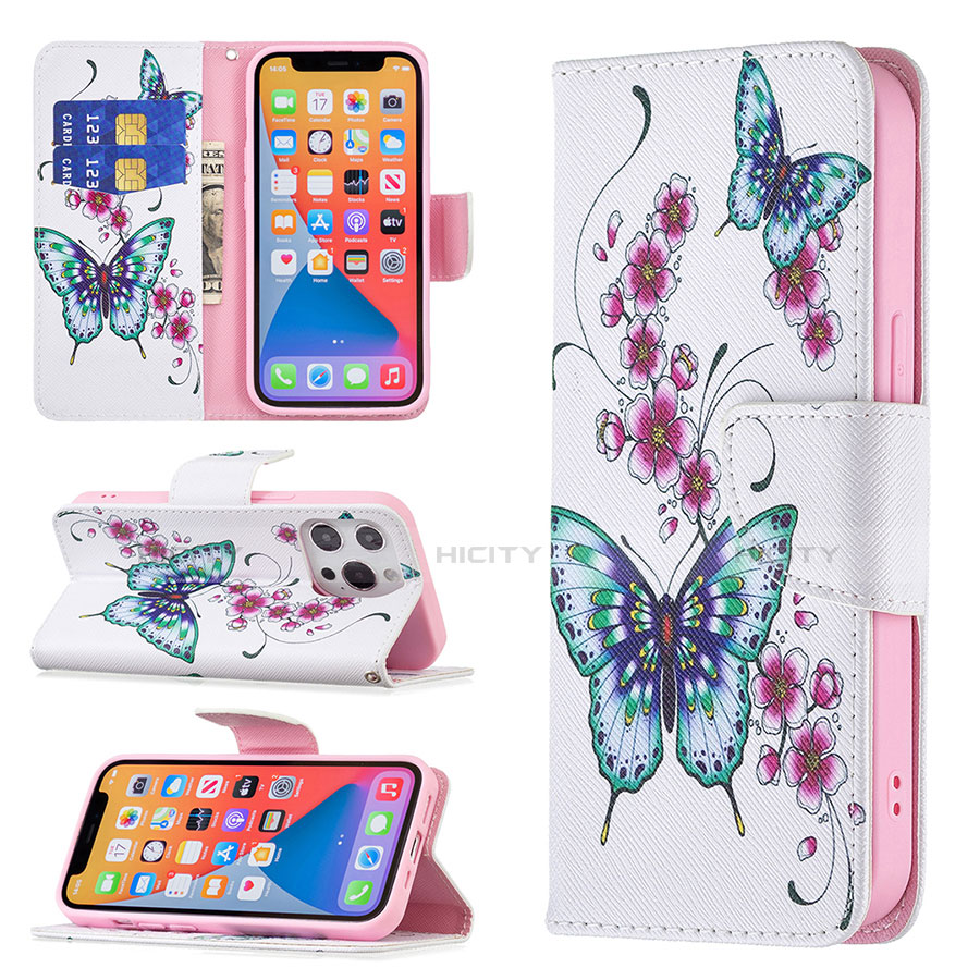 Coque Portefeuille Papillon Livre Cuir Etui Clapet L07 pour Apple iPhone 13 Pro Rose Plus
