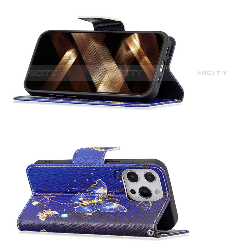 Coque Portefeuille Papillon Livre Cuir Etui Clapet L07 pour Apple iPhone 15 Pro Max Bleu Royal Plus