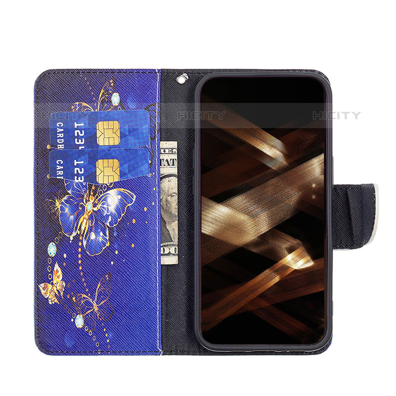 Coque Portefeuille Papillon Livre Cuir Etui Clapet L07 pour Apple iPhone 15 Pro Max Bleu Royal Plus