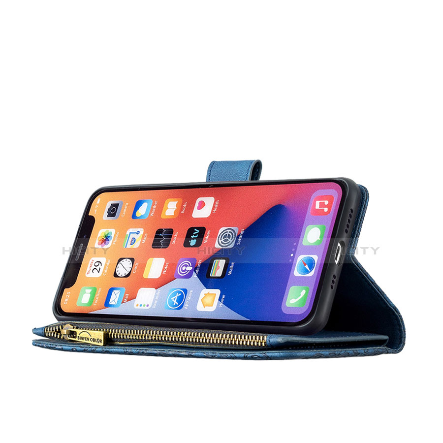 Coque Portefeuille Papillon Livre Cuir Etui Clapet L08 pour Apple iPhone 14 Bleu Plus