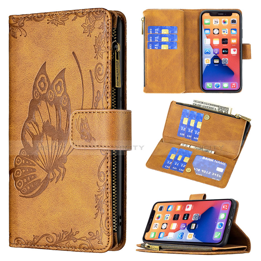 Coque Portefeuille Papillon Livre Cuir Etui Clapet L08 pour Apple iPhone 14 Marron Plus