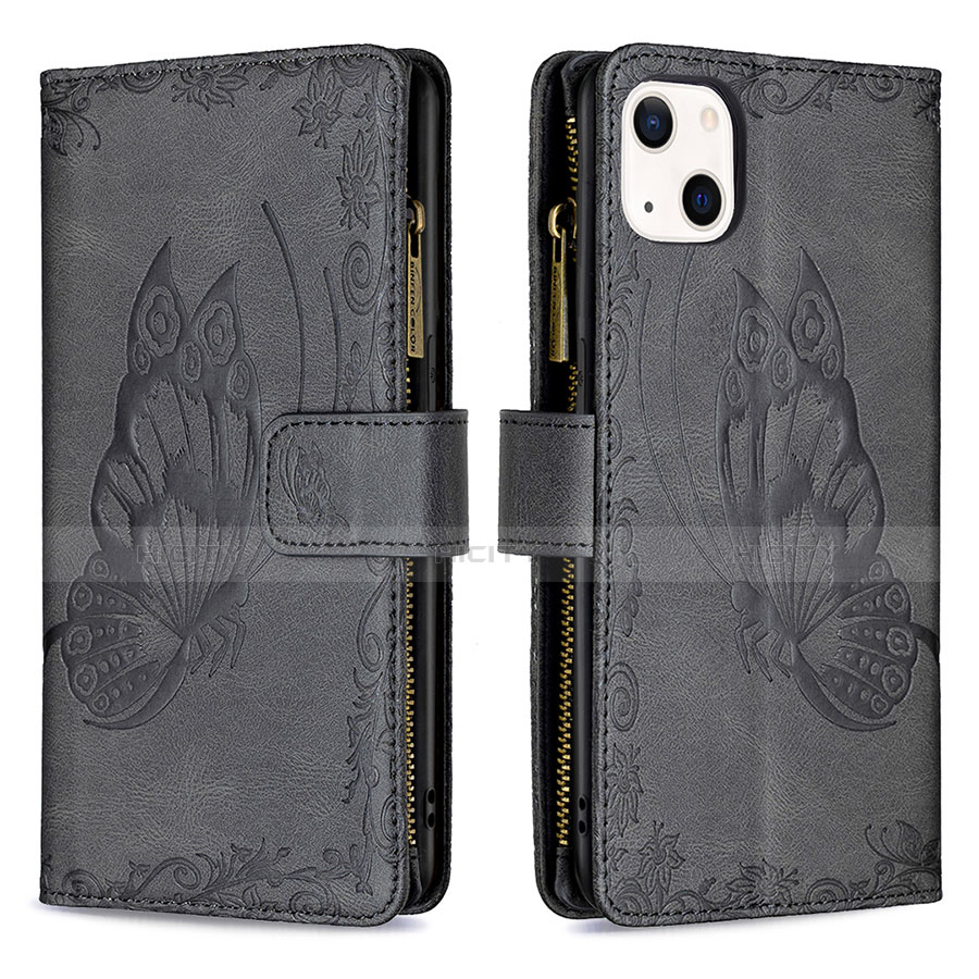 Coque Portefeuille Papillon Livre Cuir Etui Clapet L08 pour Apple iPhone 14 Noir Plus