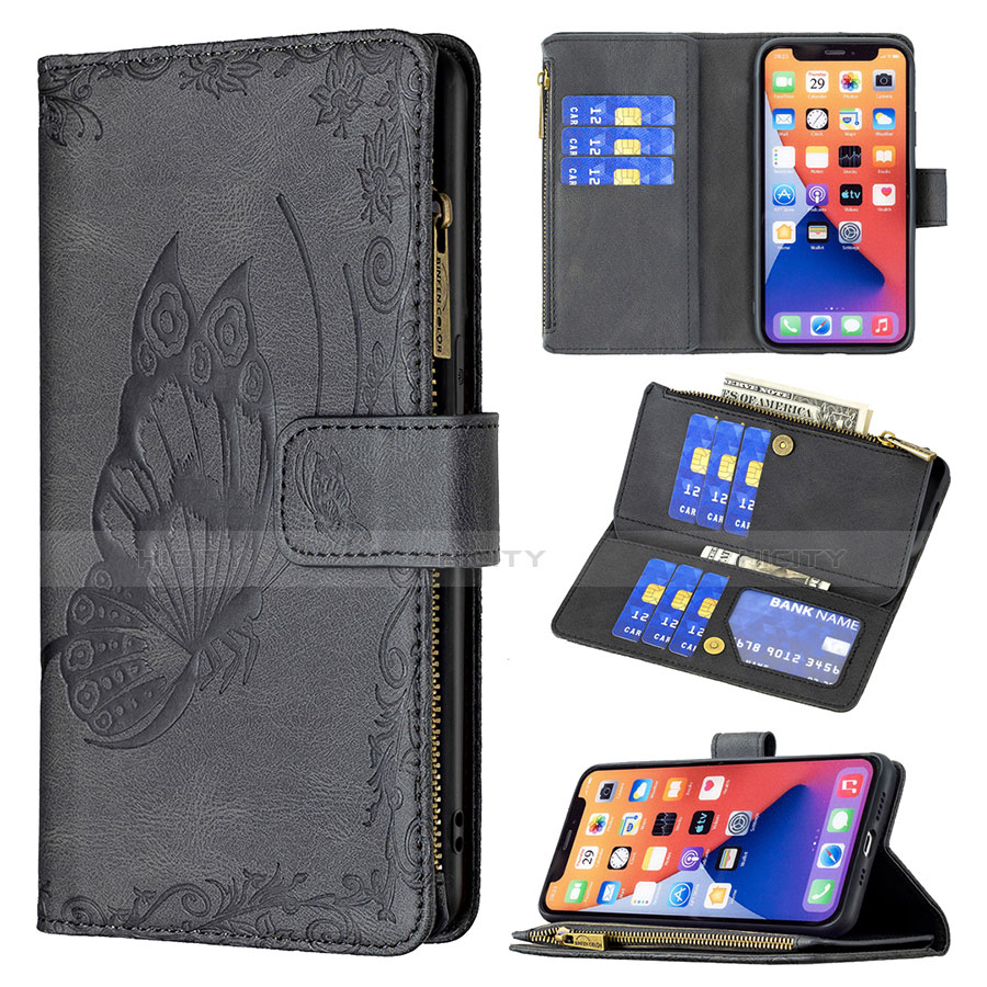 Coque Portefeuille Papillon Livre Cuir Etui Clapet L08 pour Apple iPhone 14 Noir Plus
