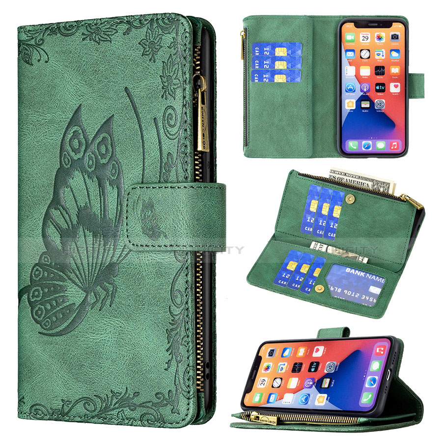 Coque Portefeuille Papillon Livre Cuir Etui Clapet L08 pour Apple iPhone 14 Vert Plus