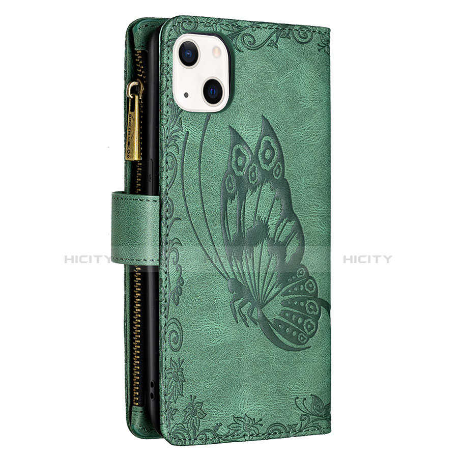 Coque Portefeuille Papillon Livre Cuir Etui Clapet L08 pour Apple iPhone 14 Vert Plus