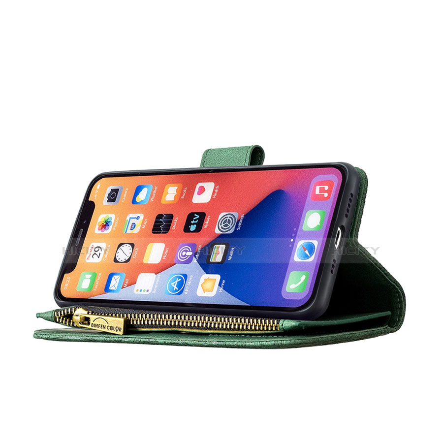 Coque Portefeuille Papillon Livre Cuir Etui Clapet L08 pour Apple iPhone 14 Vert Plus