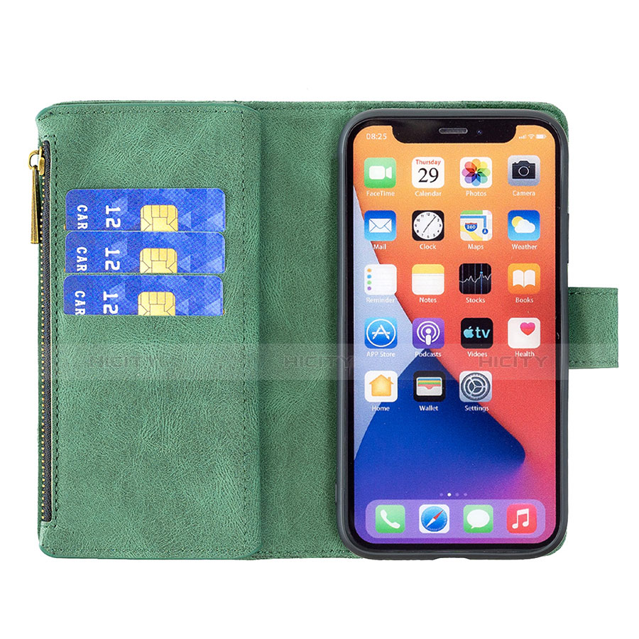 Coque Portefeuille Papillon Livre Cuir Etui Clapet L08 pour Apple iPhone 14 Vert Plus