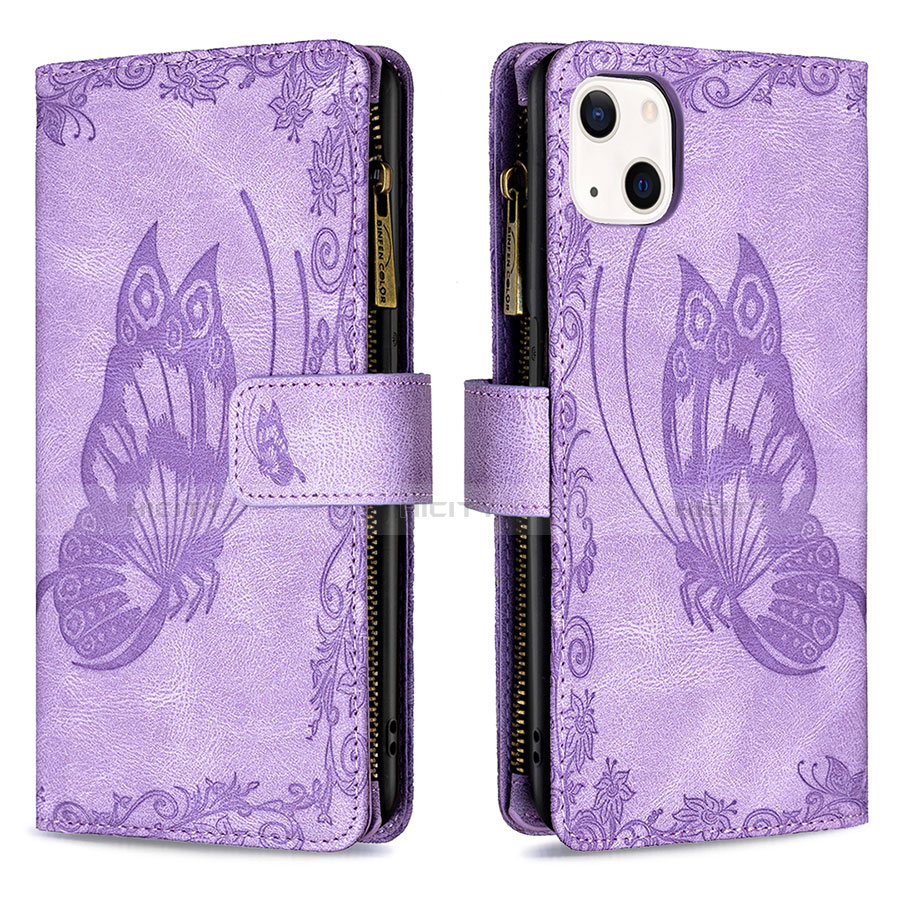 Coque Portefeuille Papillon Livre Cuir Etui Clapet L08 pour Apple iPhone 14 Violet Plus