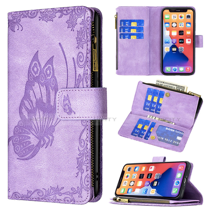 Coque Portefeuille Papillon Livre Cuir Etui Clapet L08 pour Apple iPhone 14 Violet Plus