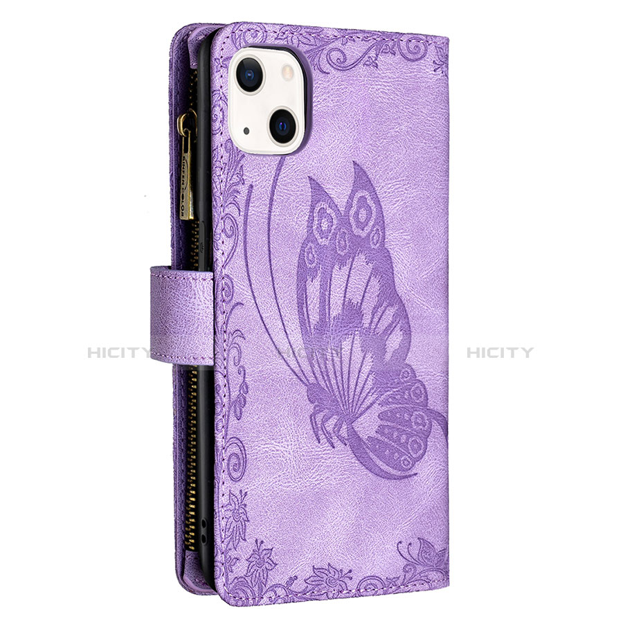 Coque Portefeuille Papillon Livre Cuir Etui Clapet L08 pour Apple iPhone 14 Violet Plus