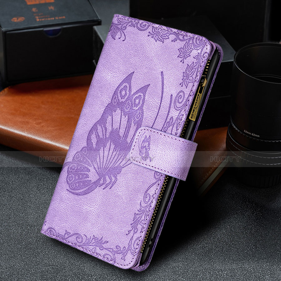 Coque Portefeuille Papillon Livre Cuir Etui Clapet L08 pour Apple iPhone 14 Violet Plus