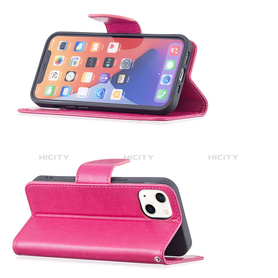 Coque Portefeuille Papillon Livre Cuir Etui Clapet L09 pour Apple iPhone 13 Mini Rose Rouge Plus