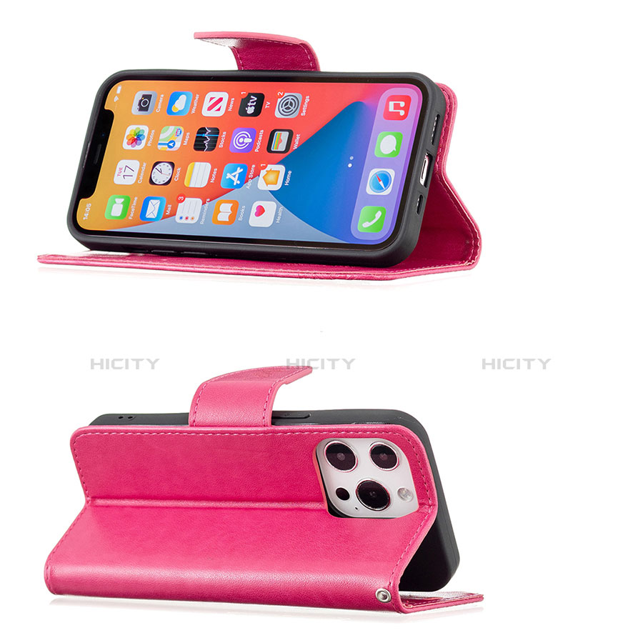 Coque Portefeuille Papillon Livre Cuir Etui Clapet L09 pour Apple iPhone 13 Pro Max Rose Rouge Plus