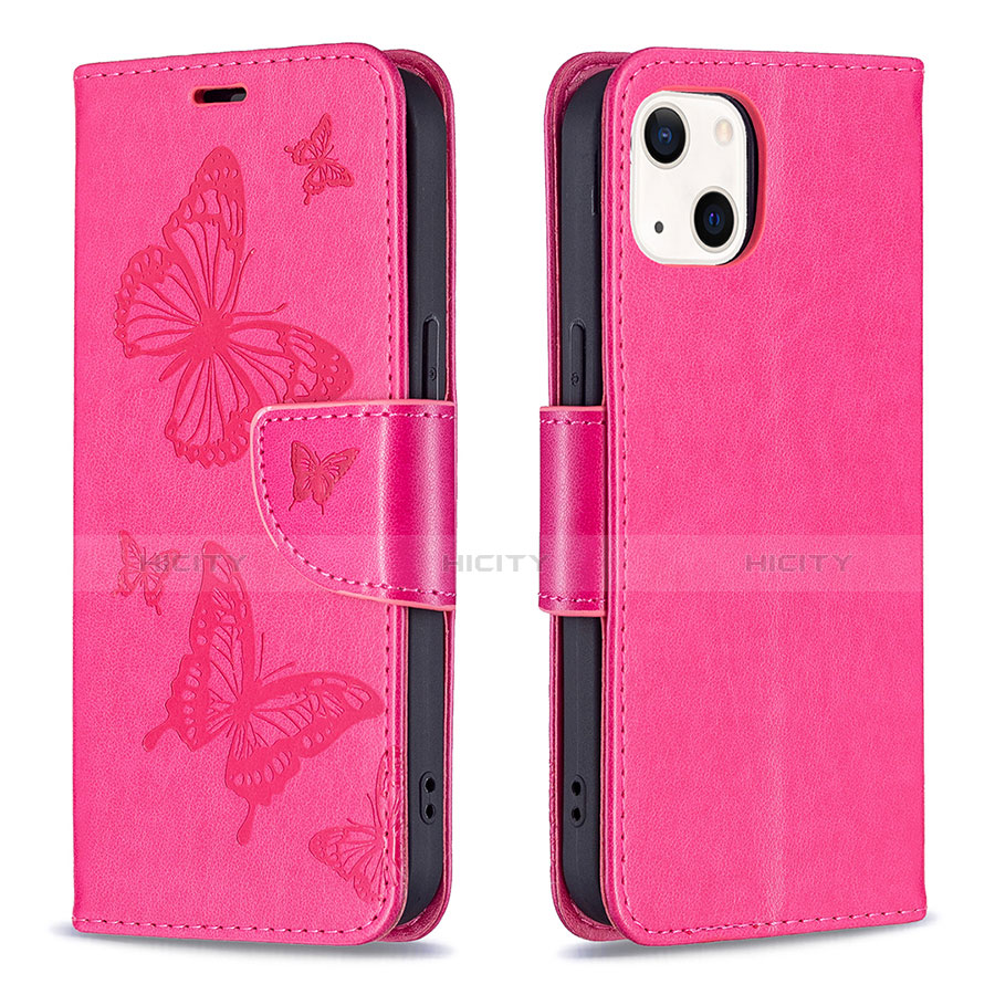 Coque Portefeuille Papillon Livre Cuir Etui Clapet L09 pour Apple iPhone 13 Rose Rouge Plus