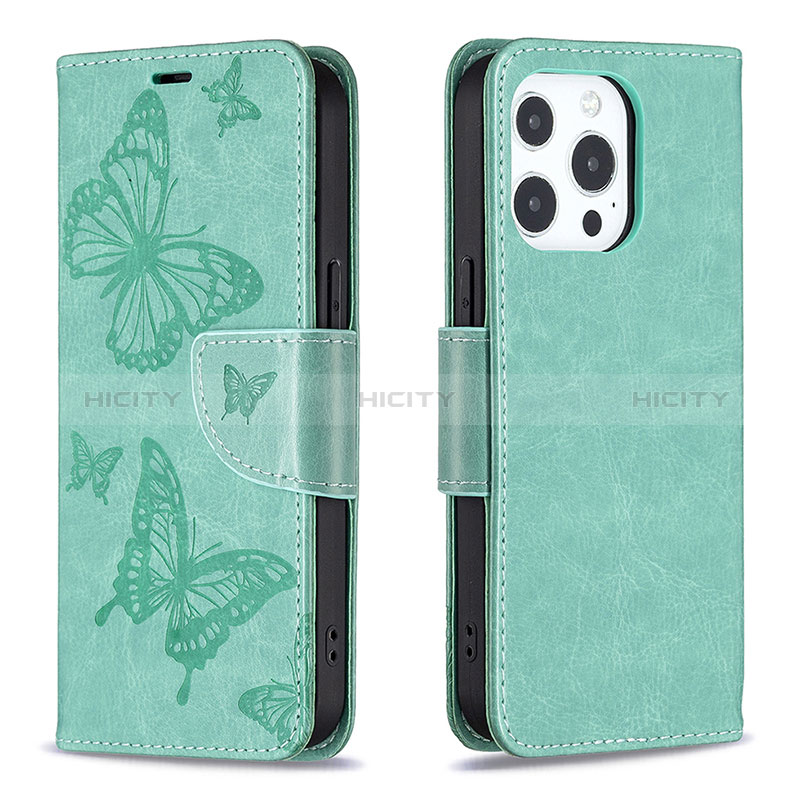 Coque Portefeuille Papillon Livre Cuir Etui Clapet L09 pour Apple iPhone 14 Pro Max Vert Plus
